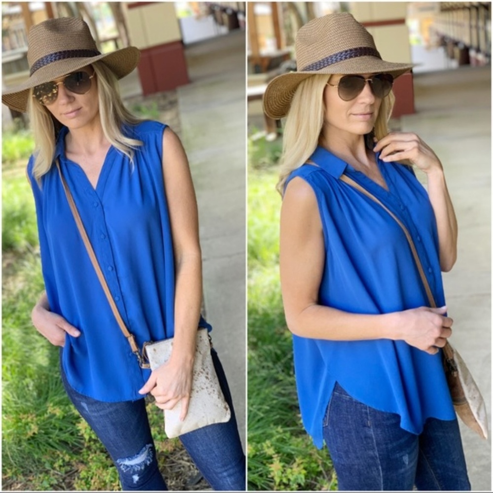 Cobalt Blue Button Up Sleeveless Top - Picture 2 of 2